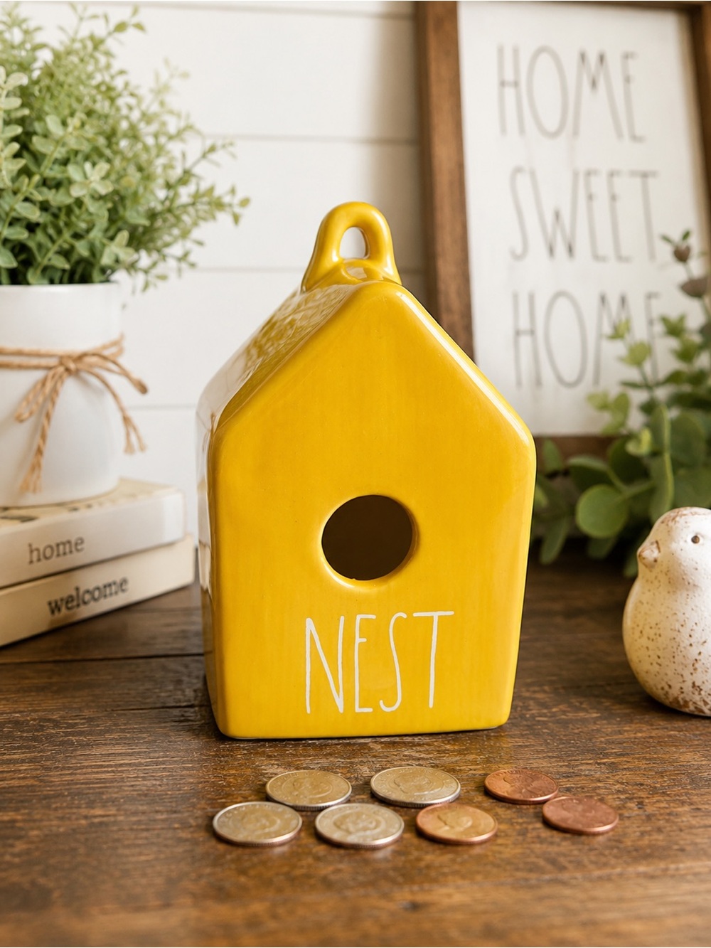 Rae Dunn NEST Yellow Ceramic Birdhouse Coin Bank Farmhouse Decor 7.5”